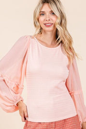 Mittoshop Mixed Media Textured Knit Chiffon Long Sleeve Top Tops