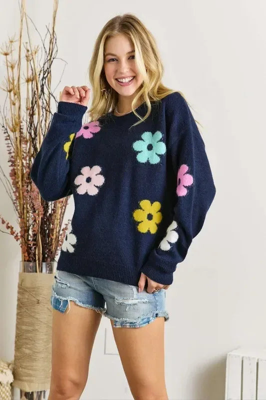ADORA Flower Popped Sweater Plus Size - DAVERRI FASHIONS