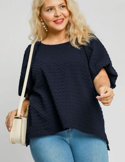 Umgee Full Size Boxy Cut Jacquard Round Neck Top with Side Slit Tops