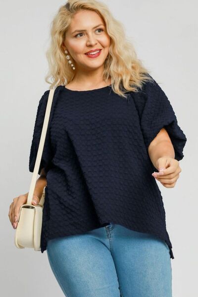 Umgee Full Size Boxy Cut Jacquard Round Neck Top with Side Slit Tops