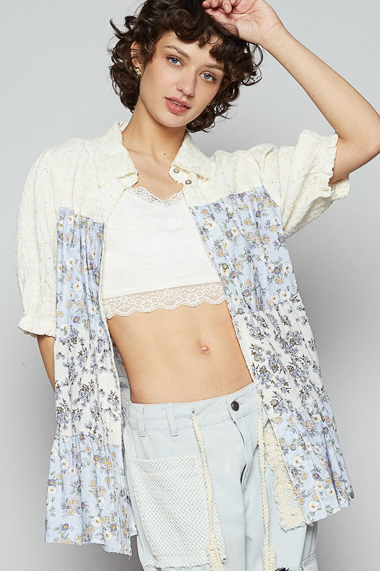 POL Ruffled Hem Floral Button Up Half Sleeve Shirt Shirts