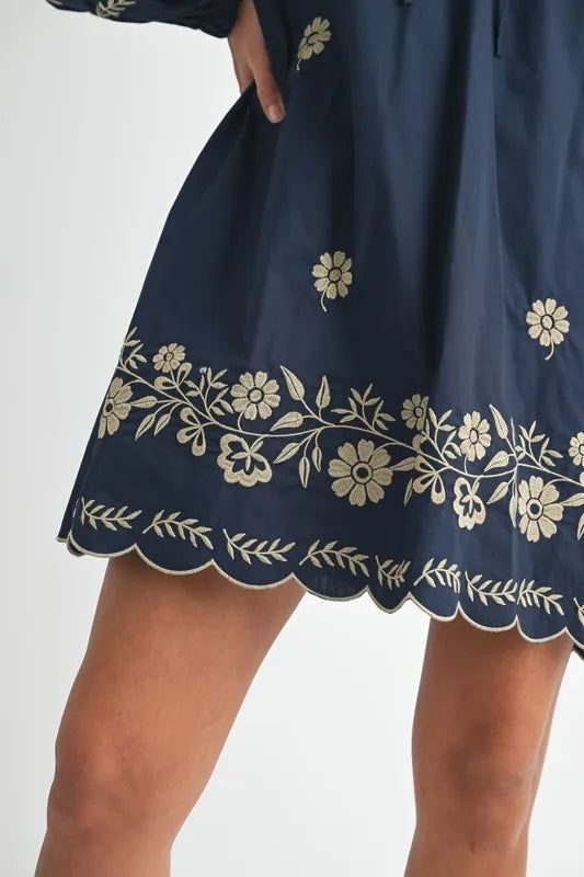 MABLE Embroidered Long Sleeve Peasant Mini Dress Mini Dresses