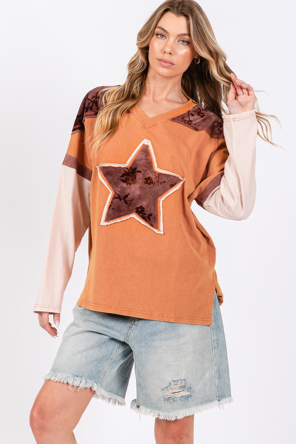 SAGE + FIG Star Patch Long Sleeve Color Block T-Shirt T-Shirts