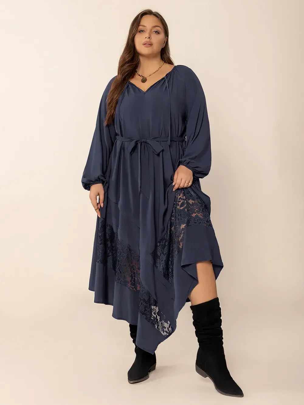 Plus Size Lace Detail Tie Neck Long Sleeve Midi Dress - DAVERRI FASHIONS
