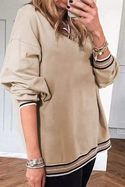 Casual V-Neck Striped Trim Pullover - DAVERRI FASHIONS