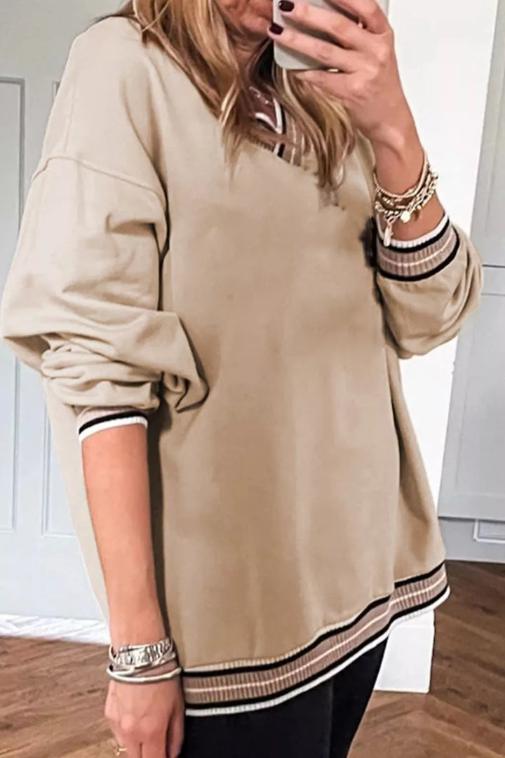 Casual V-Neck Striped Trim Pullover | Sweatshirts Daverri Fashions