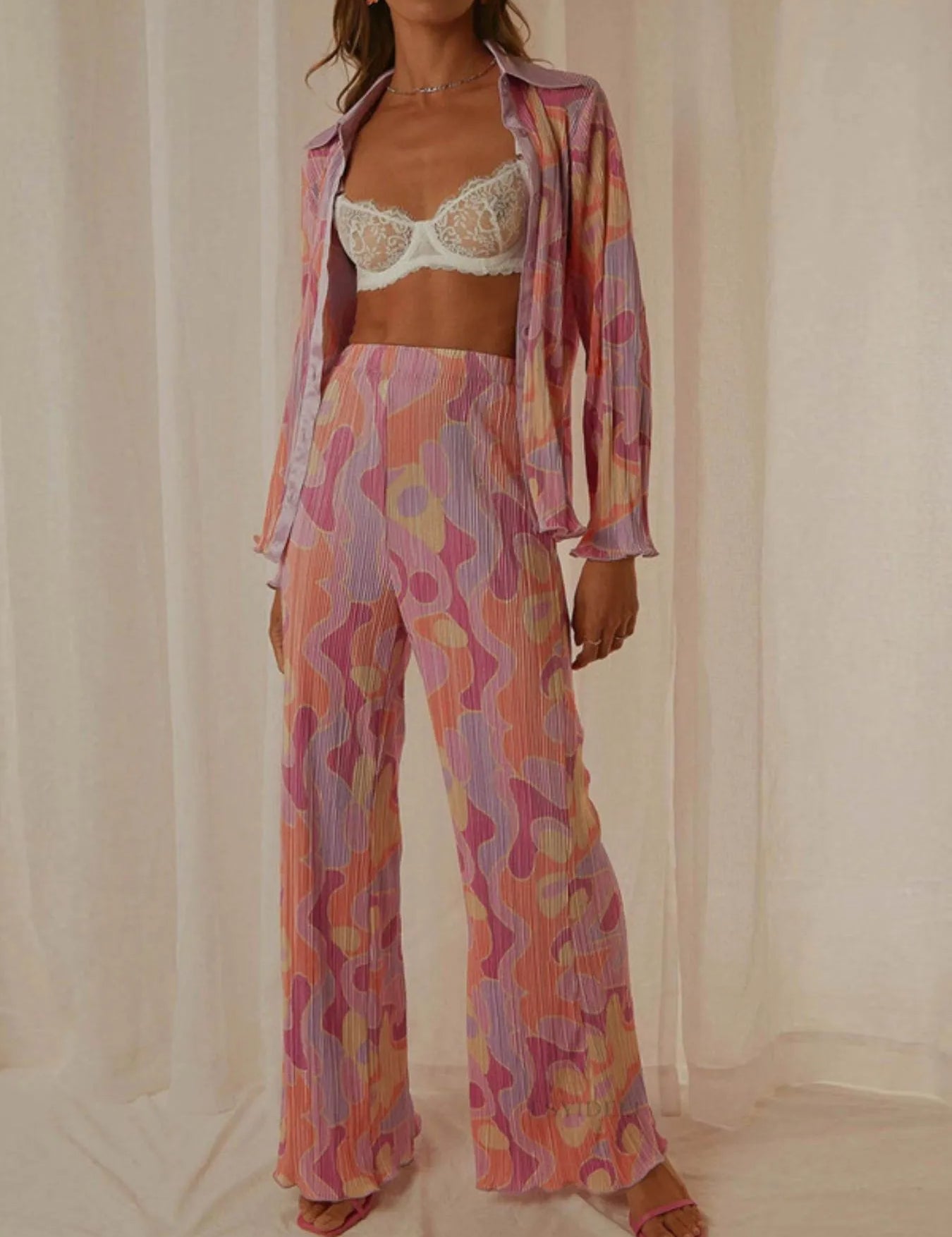 Blush Pink Printed Button Up Shirt and Pants Set | Loungewear Sets Daverri Fashions