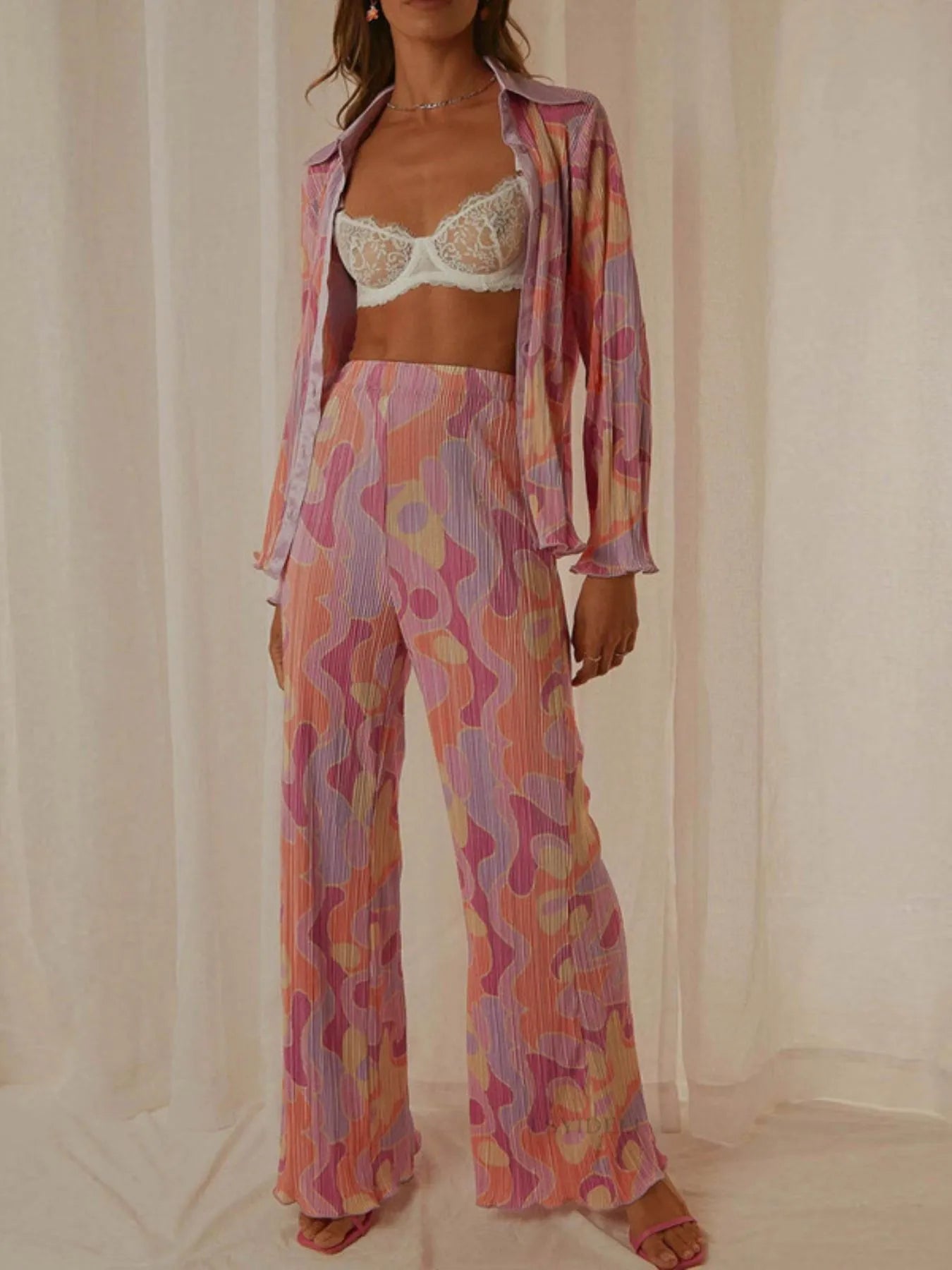 Blush Pink Printed Button Up Shirt and Pants Set | Loungewear Sets Daverri Fashions