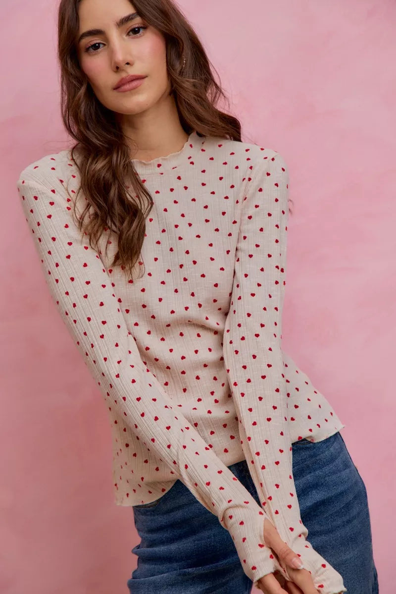 Soft cream SO ME Ditsy Heart rib knit Valentine top