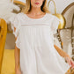 BiBi Ruffled Woven Cotton Top with lace sleeves and frayed hem