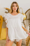 BiBi Ruffled Woven Cotton Top with lace sleeves and frayed hem