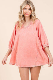 Mittoshop Mineral Wash V-Neck Raglan A-Line Relaxed Top Coral