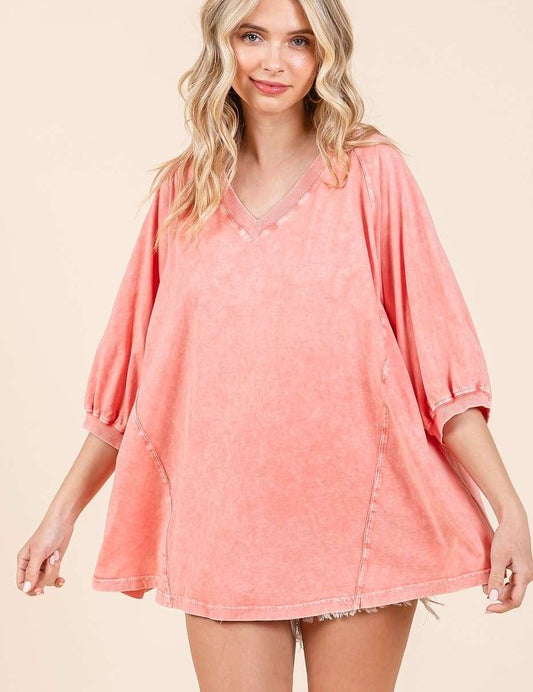 Mittoshop Mineral Wash V-Neck Raglan A-Line Relaxed Top Coral