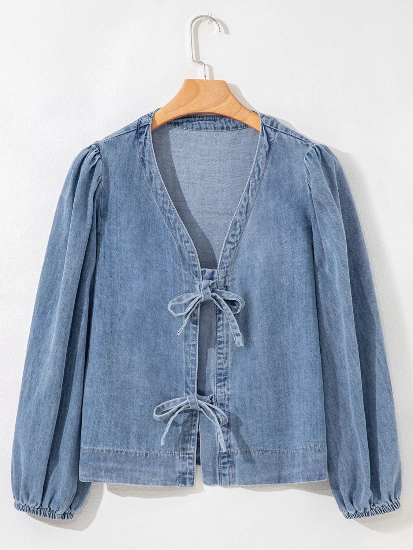 Tied Front Puff Sleeve Denim Top | Tops Daverri Fashions