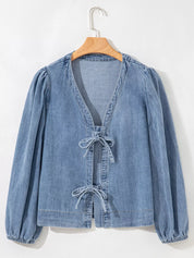 Tied Front Puff Sleeve Denim Top | Tops Daverri Fashions