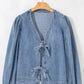 Tied Front Puff Sleeve Denim Top - DAVERRI FASHIONS