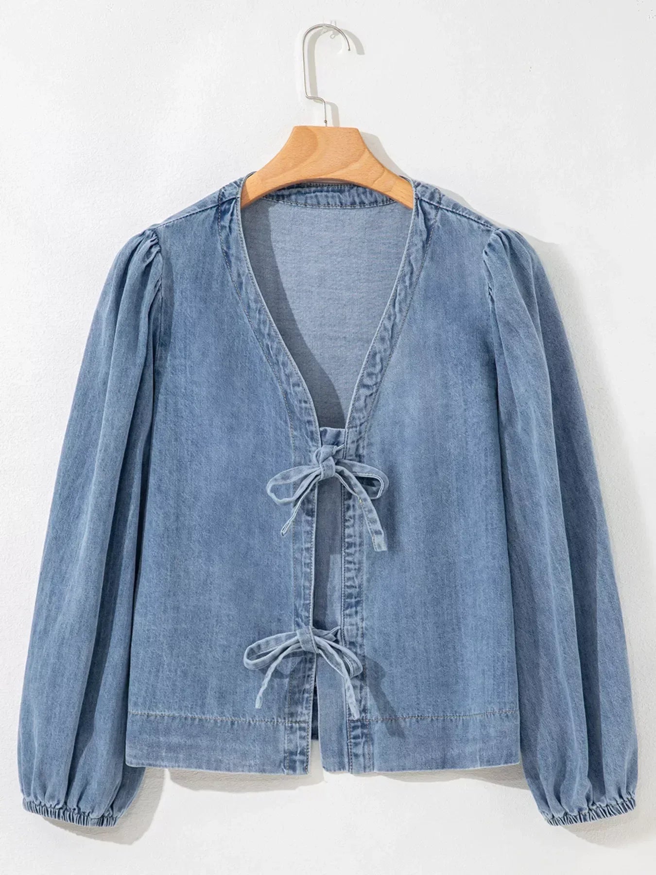 Tied Front Puff Sleeve Denim Top - DAVERRI FASHIONS
