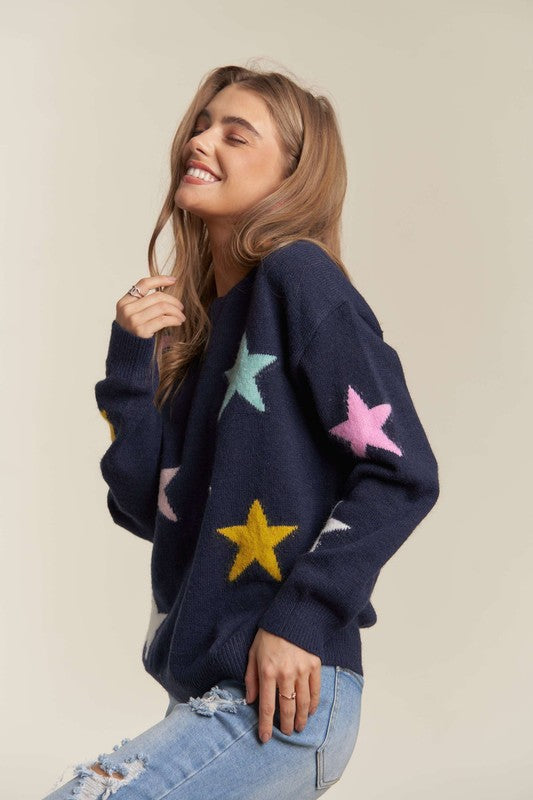 ADORA Stars Pattern Round Neck Drop Shoulder Sweater Sweaters