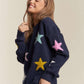ADORA Dark Navy Stars Pattern Round Neck Drop Shoulder Sweater Sweaters