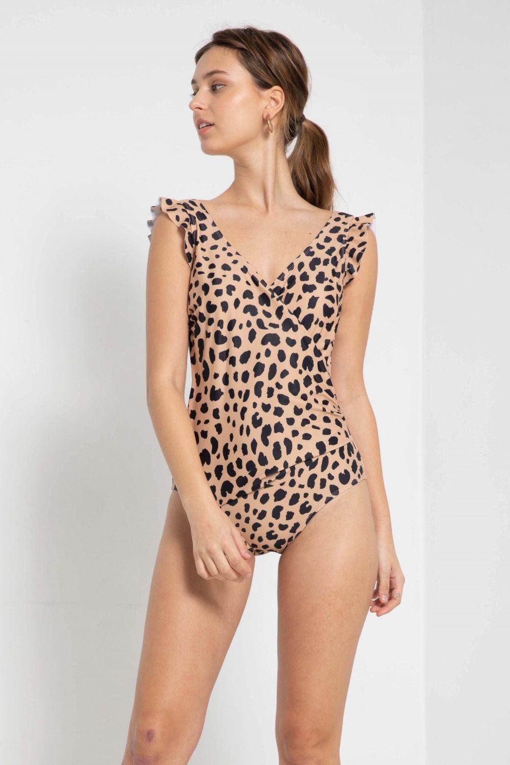 Marina West Swim Full Size Float On Ruffle Faux Wrap One-Piece in Leopard Swimwear