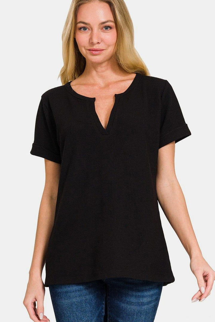 Zenana Notched Short Sleeve Waffle T-Shirt Black Shirts & Tops