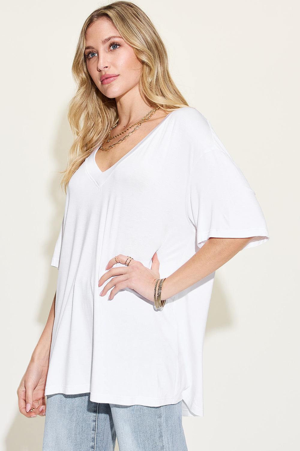 Bamboo V-Neck Drop Shoulder T-Shirt Tops