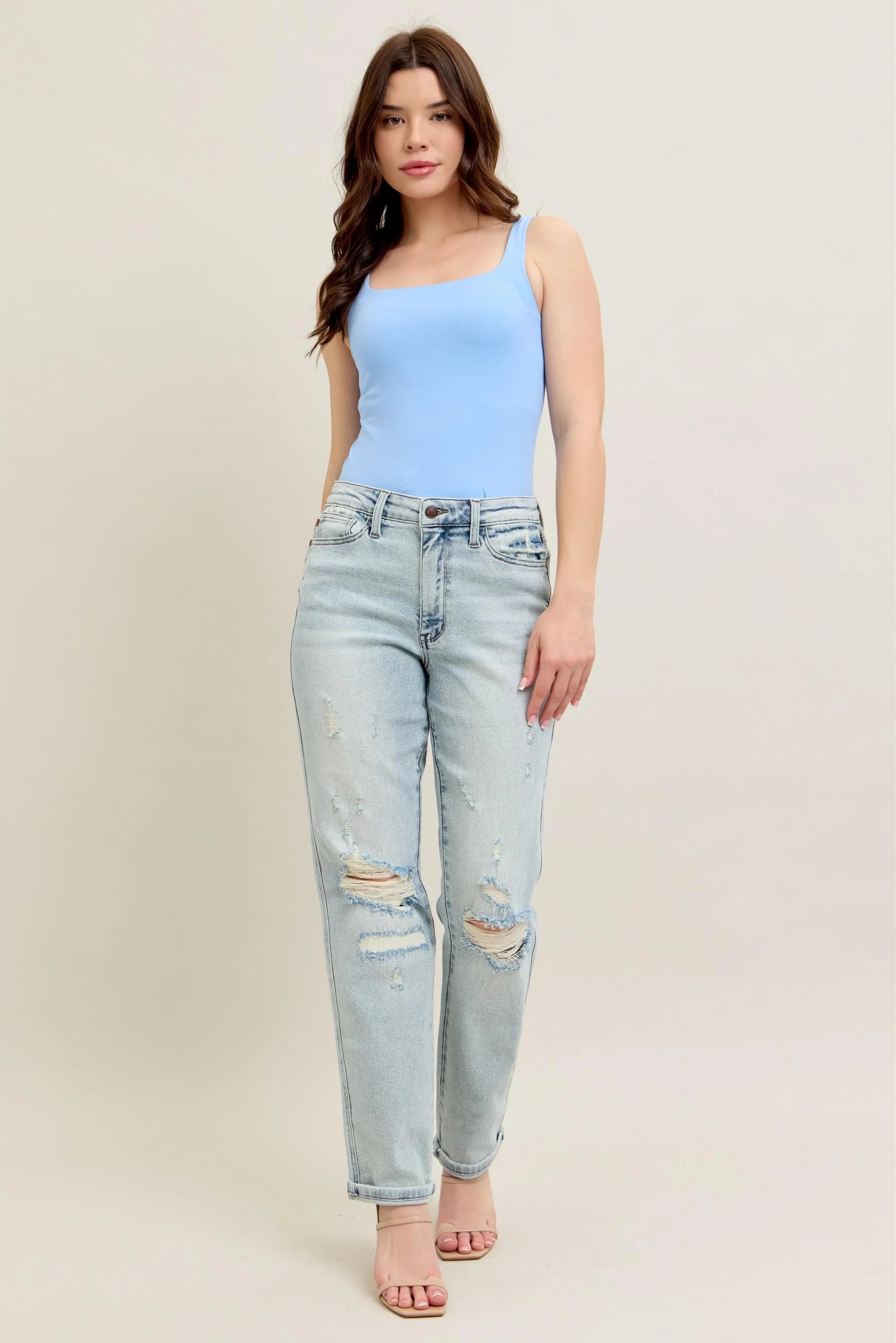 LT Judy Blue Full Size Mr Repair Stitch Detail Destroy Single Cuff Bf Jeans Plus Size | Jeans Daverri Fashions
