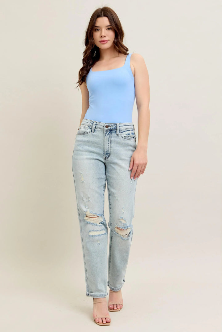 LT Judy Blue Full Size Mr Repair Stitch Detail Destroy Single Cuff Bf Jeans Plus Size | Jeans Daverri Fashions
