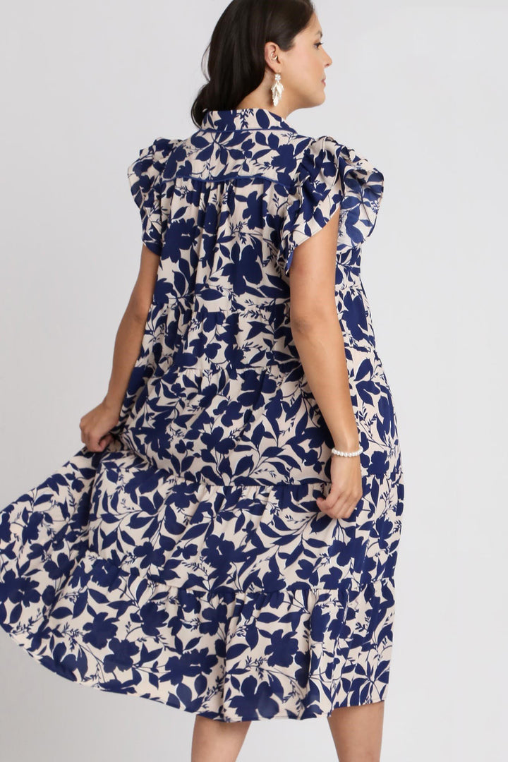 Umgee Full Size Floral Collared Ruffle Cap Sleeve Midi Dress Plus Size