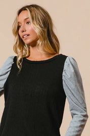BiBi Cable Sweater Knit Top with Contrast Puff Sleeve | Knit Tops Daverri Fashions