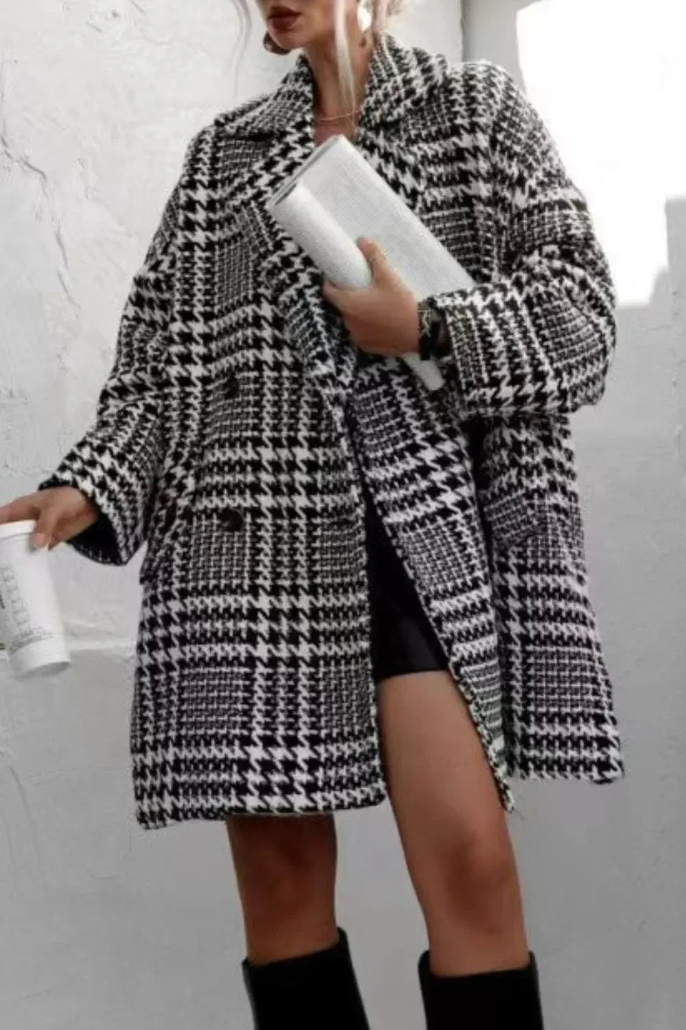 Houndstooth Collared Neck Long Sleeve Coat with Pockets - DAVERRI FASHIONS