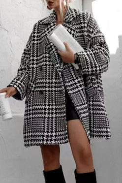 Houndstooth Collared Neck Long Sleeve Coat with Pockets - DAVERRI FASHIONS