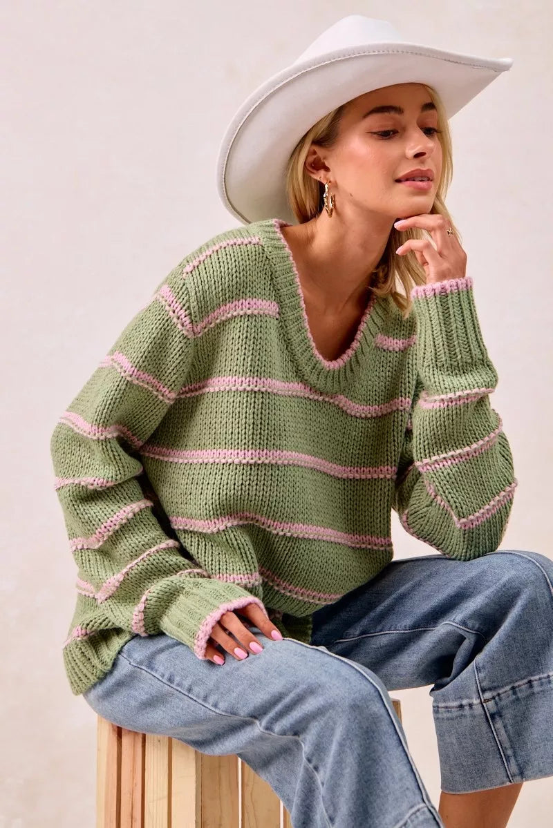 BiBi Striped Long Sleeve Sweater | Sweaters Daverri Fashions