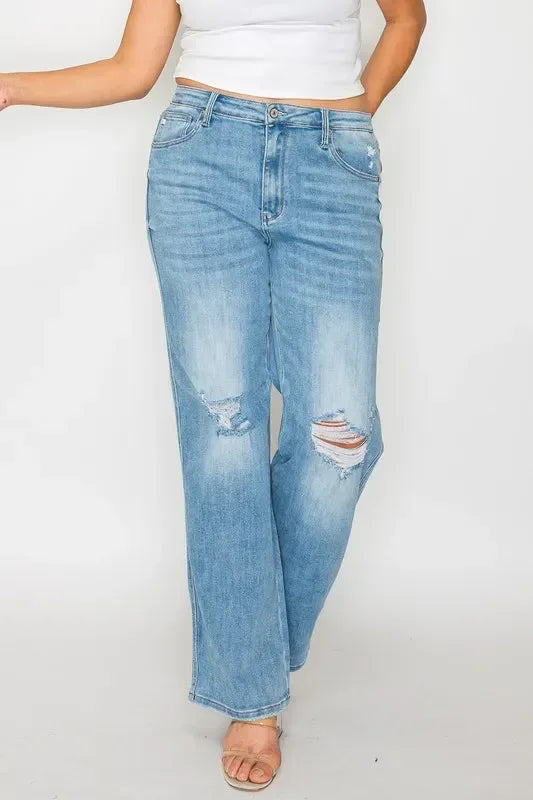 bytos Full Size Distressed High Rise Straight Jeans - DAVERRI FASHIONS