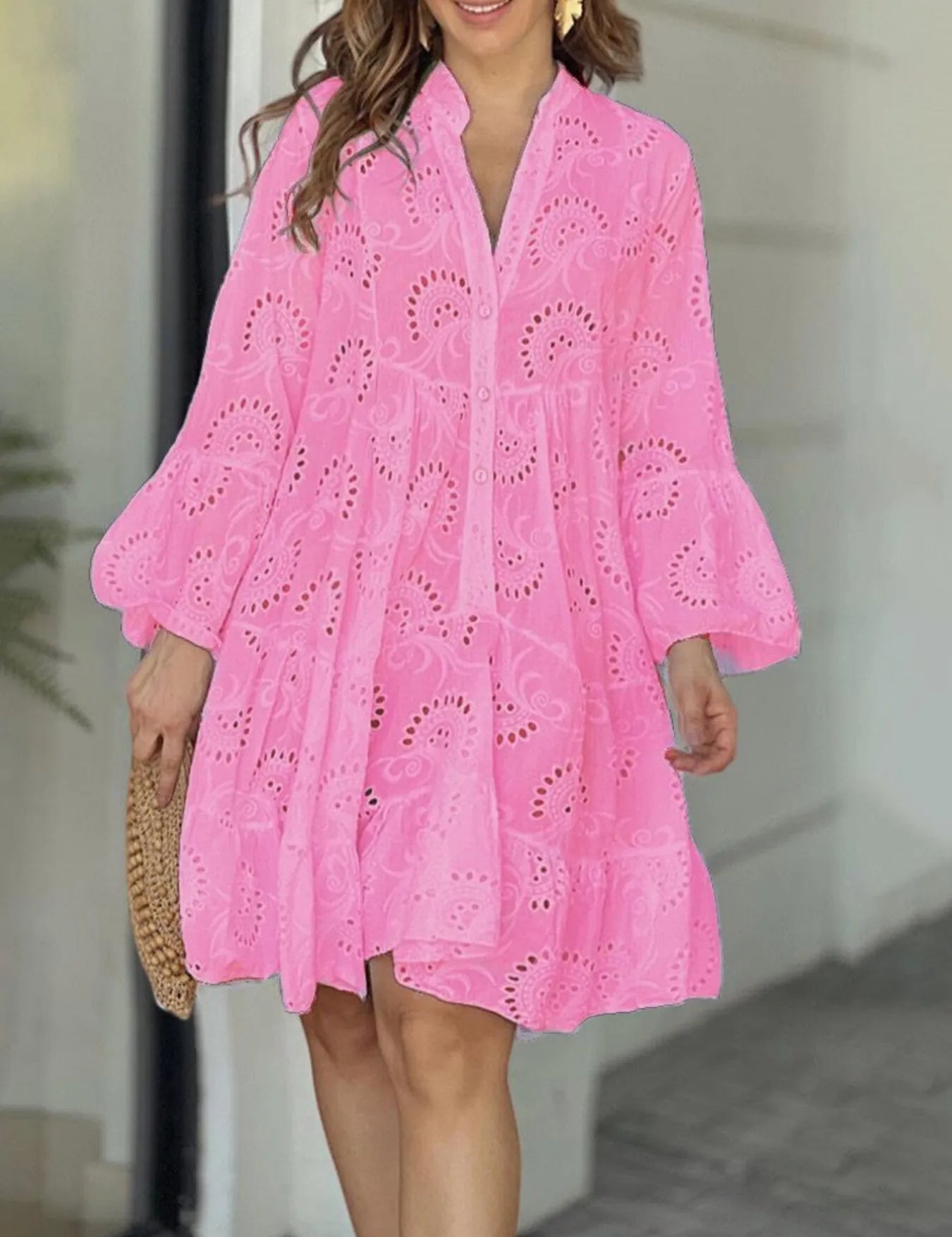 Pink Full Size Eyelet Ruffled Hem Tiered Dress Plus Size | Mini Dresses Daverri Fashions