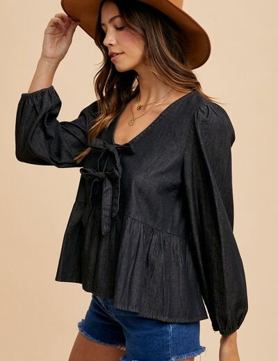 Annie Wear Tie Front Peplum Long Sleeve Denim Top