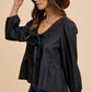 Annie Wear Black Tie Front Peplum Long Sleeve Denim Top - DAVERRI FASHIONS