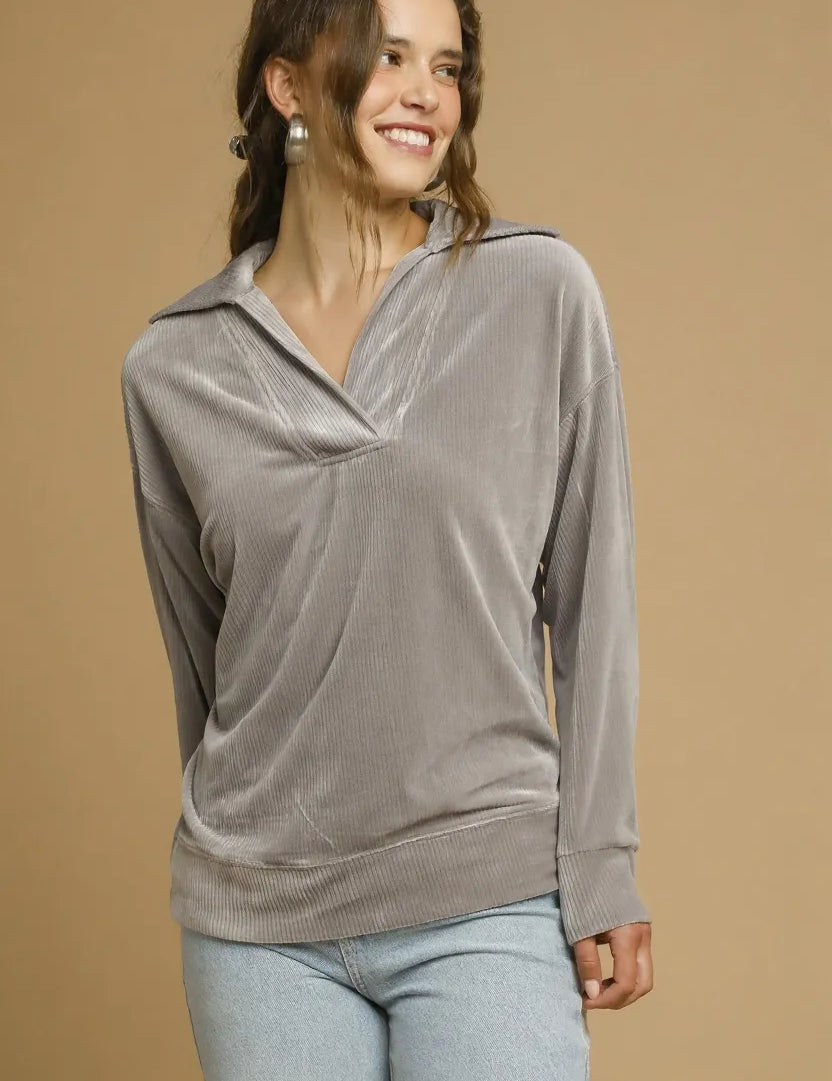 GREY Umgee Soft Thermal Collared Long Sleeve Top | Tops Daverri Fashions