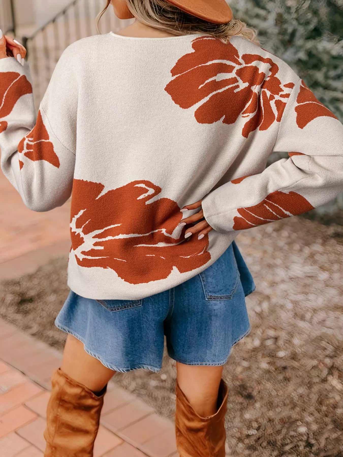 Cream-colored boho floral knit sweater for women