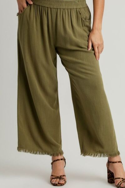 Umgee Full Size Linen Blend Elastic Waistband Wide Leg Pants Plus Size Pants