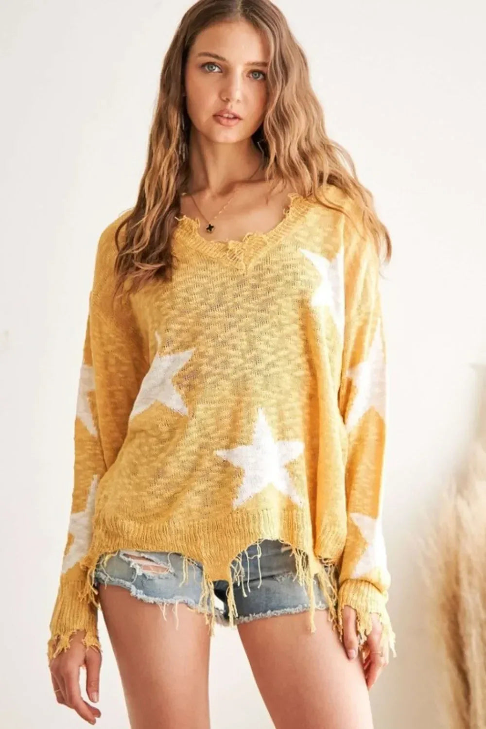 ADORA Distressed Star Sweater Top - DAVERRI FASHIONS
