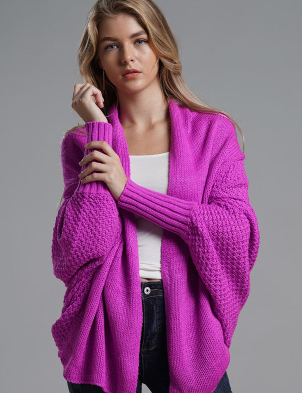 Dolman Sleeve Open Front Ribbed Trim Longline Cardigan | Cardigans Daverri Fashions