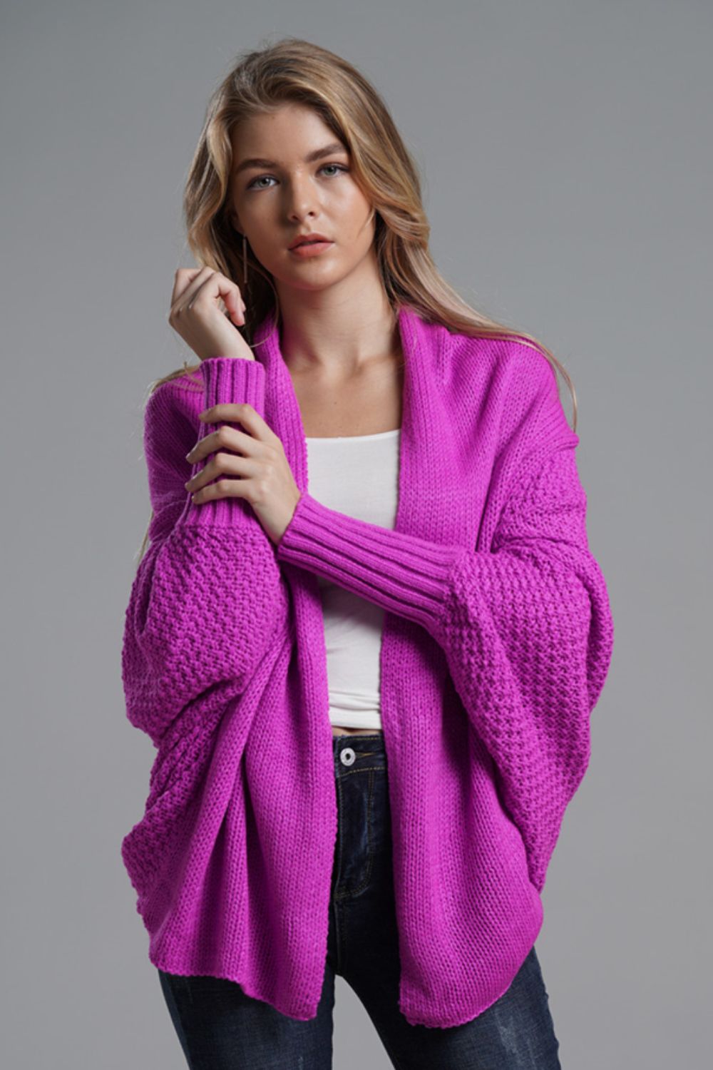 Dolman Sleeve Open Front Ribbed Trim Longline Cardigan | Cardigans Daverri Fashions