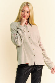 Davi & Dani Crochet Sleeve Crinkled Texture Shirt Tops