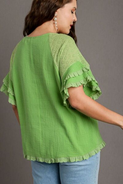 Umgee Full Size Cotton Gauze Round Neck Ruffle Eyelet Layered Sleeve Blouse Plus Size