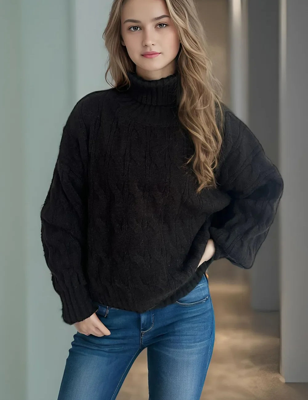 Black cable-knit turtleneck sweater with balloon sleeves