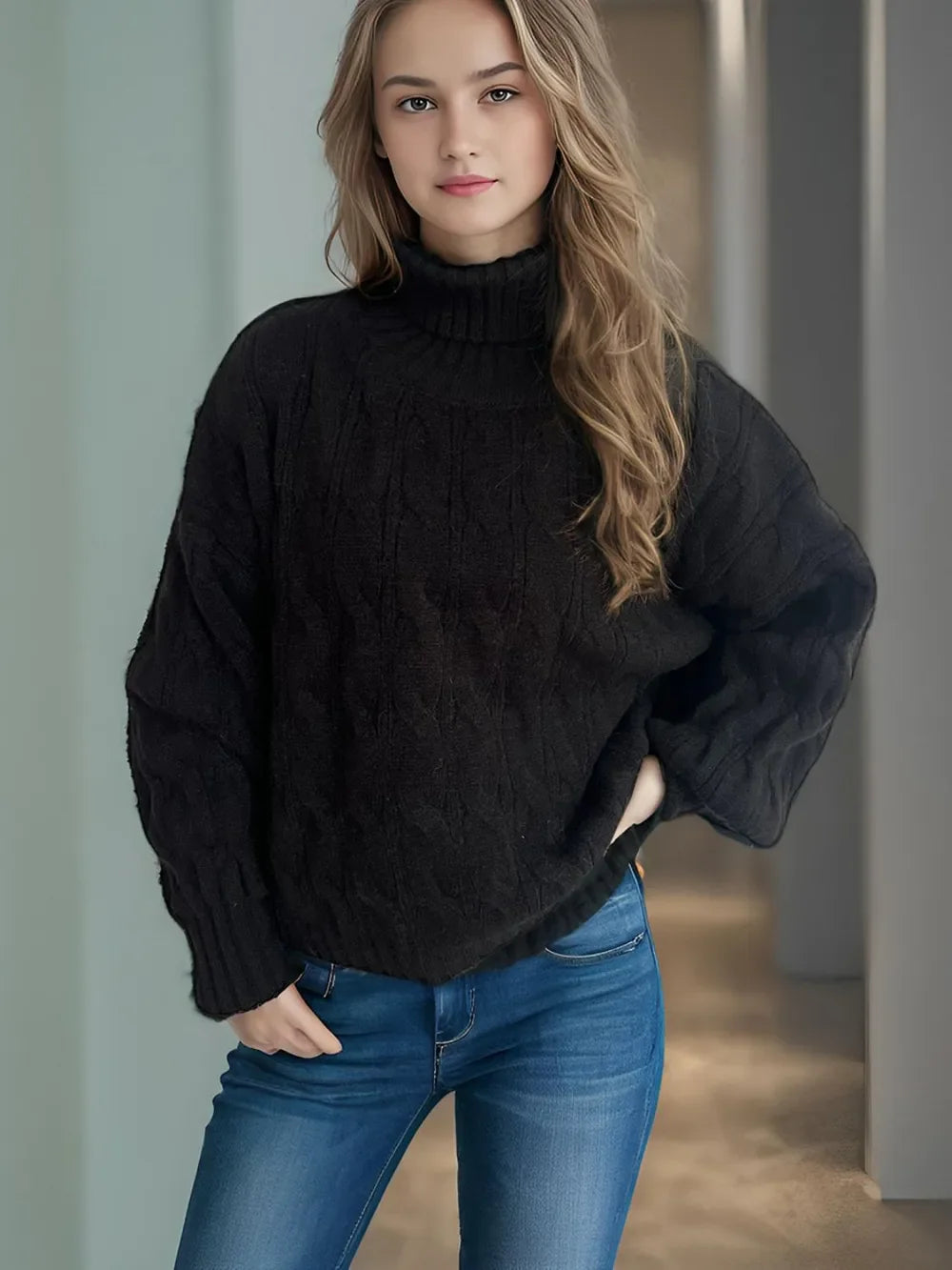 Black cable-knit turtleneck sweater with balloon sleeves