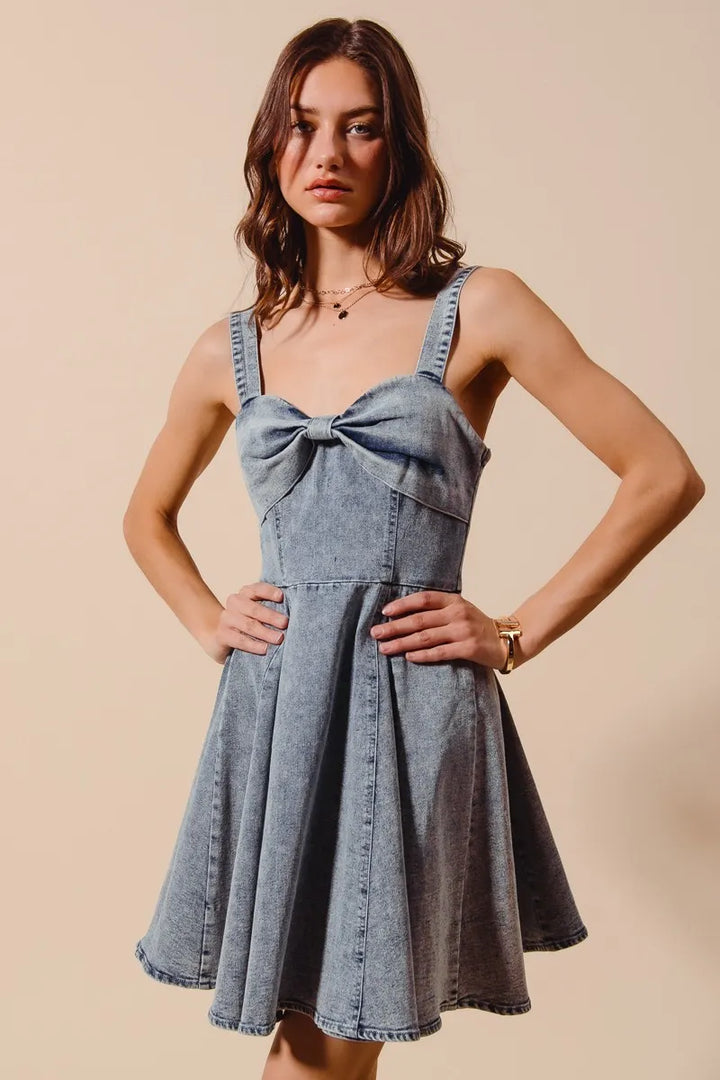 SO ME Mineral Washed Bow Ribbon Denim Flare Dress Mini Dresses