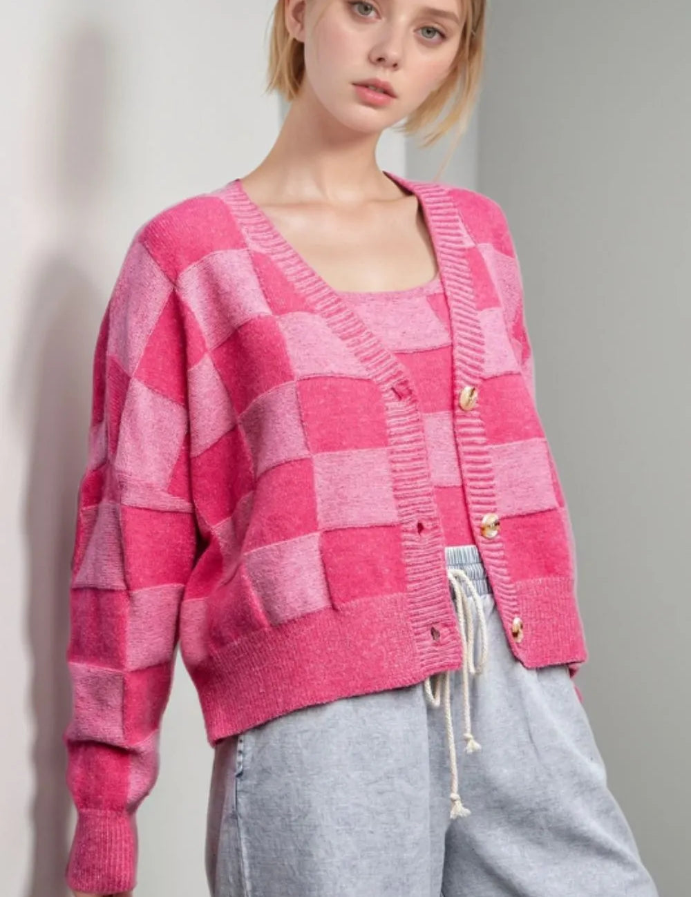 Checkered V-Neck Long Sleeve Cardigan | Cardigans Daverri Fashions