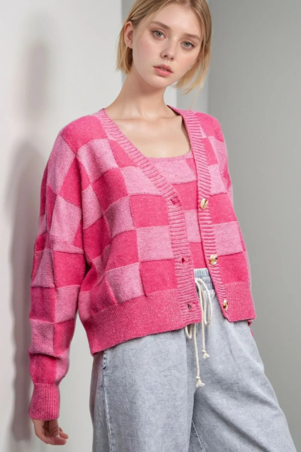 Checkered V-Neck Long Sleeve Cardigan | Cardigans Daverri Fashions